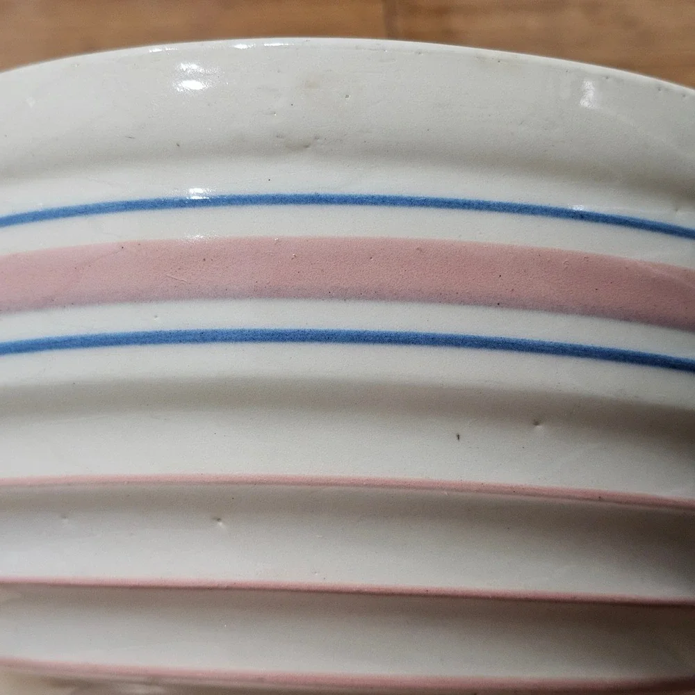 Vintage McCoy Stoneware Mixing Bowl Large 10 in Pink Blue Striped Ribbed Beehive
